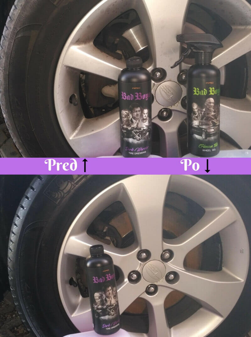 Gél na pneumatiky - Tire dressing Bad Boys oživenie pneu Pred a po aplikácii
